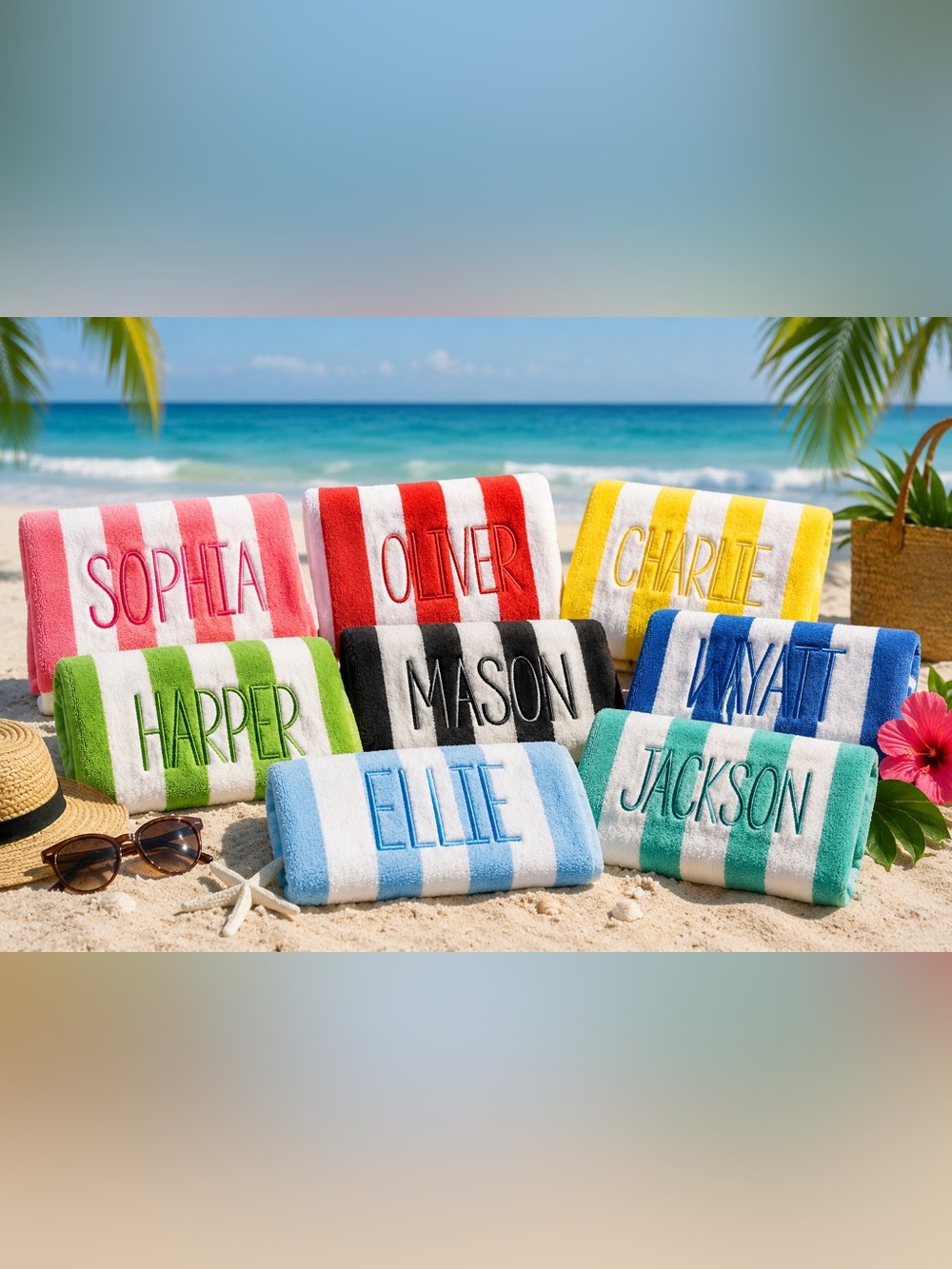 Personalized Striped Beach Towels - Multiple Colors